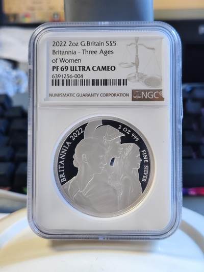 第179期拍卖【长期征集拍品】 - 2022年英国5镑精制纪念2盎司银币 不列颠女神三女性NGC -PF69，2盎司，999银