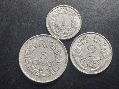 邮泉阁限时拍卖第三十二场 法国硬币专场（硬币在国外。请付邮费6元。） - 第四共和国1949年3枚