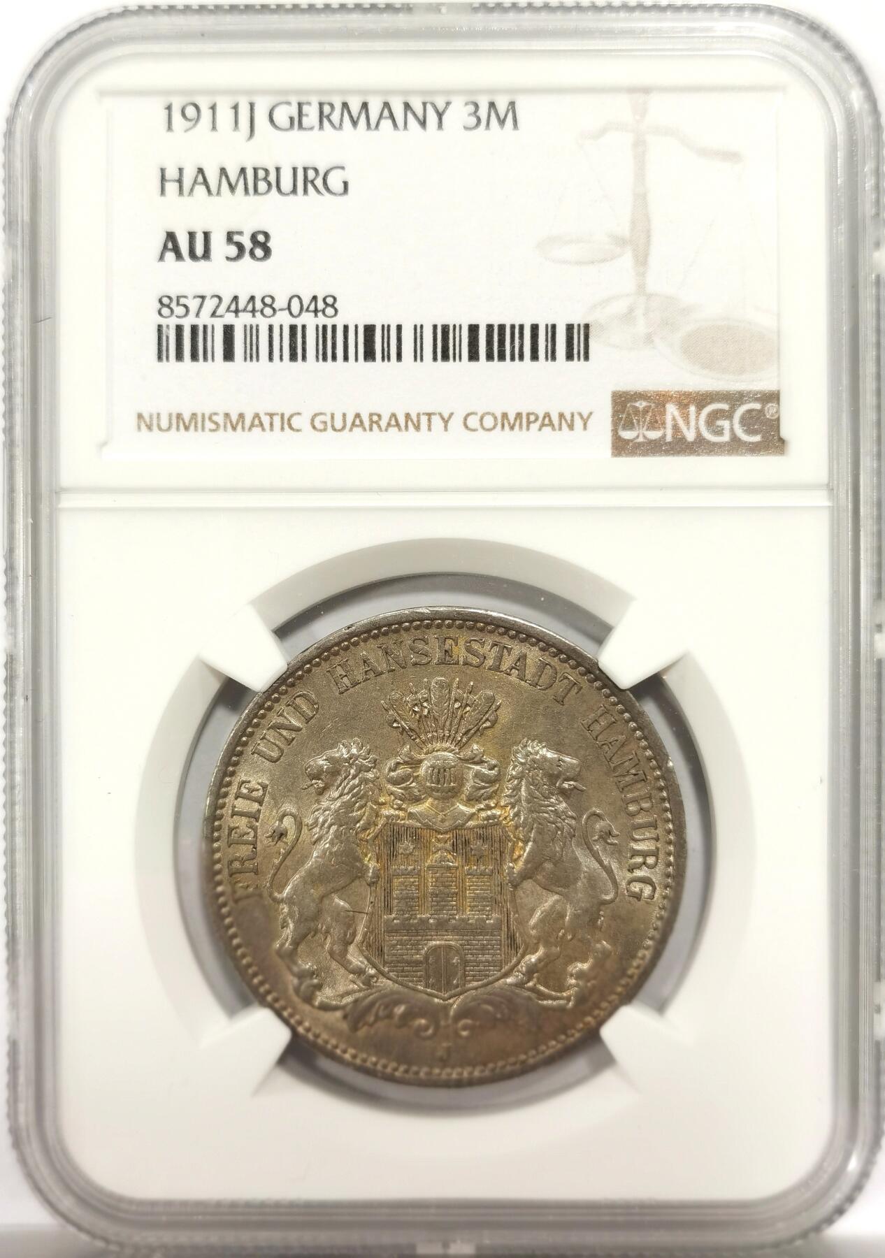 博洋堂世界钱币拍卖第144期（全场包邮） NGC AU58 德国汉堡自由市1911年3马克银币，原汁原味黄油彩老包浆，包浆醇厚，状态极佳，状态和品质绝对不输MS级。