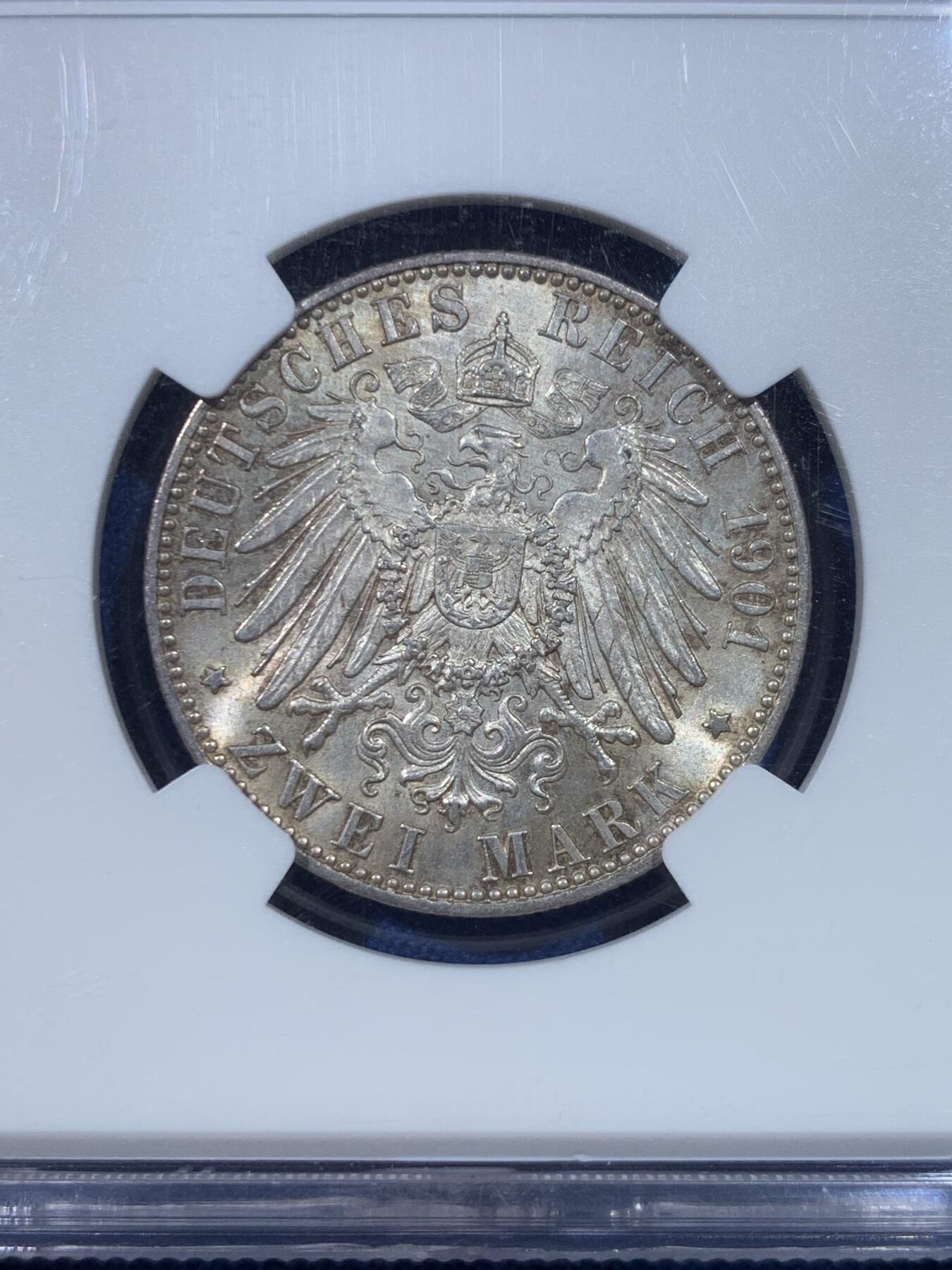 《竞宝斋》第432场 周日，周一 2场连拍 （全场包邮） NGC MS61 德国 1901年 普鲁士建国200周年2马克银币