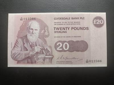 2025十月第四期，加拍第二场，总198期 - 苏格兰克莱斯戴勒银行1982年20镑流通好品XF无47，物理学家开尔文和格拉斯哥大学教室，早期少见品种