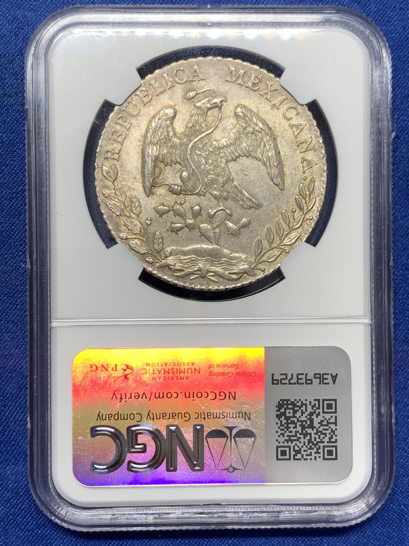 《竞宝斋》第432场 周日，周一 2场连拍 （全场包邮） NGC MS61 墨西哥1886年MO MH版花边鹰洋8R银币，漂亮黄油包浆