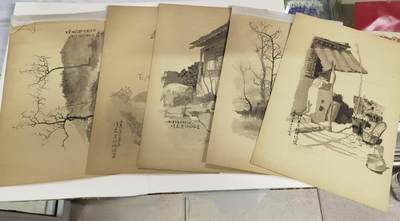 大连首届红藏暨第十一届全国连交会 连环画拍卖 - 段伟君五十年代老北京街区风景画稿墨色原稿5幅A3大小