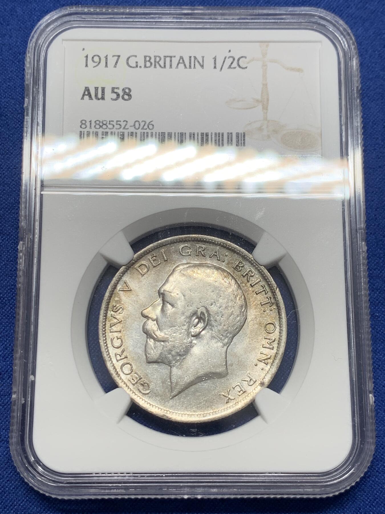 《竞宝斋》第432场 周日，周一 2场连拍 （全场包邮） NGC AU58 英国 1917年 乔治五世 半克朗 银币 925银