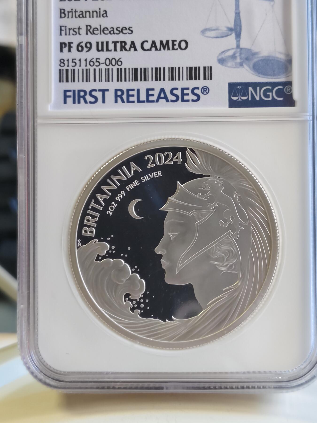 第179期拍卖【长期征集拍品】 英国2024年最美不列颠女神2盎司精制银币 NGC-PF69首无盒证书，2盎司，999银，