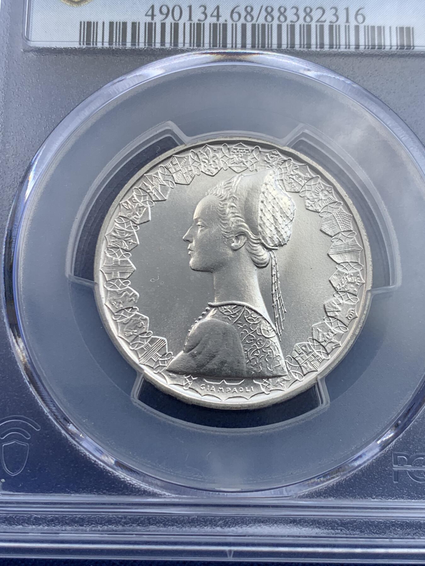 《竞宝斋》第432场 周日，周一 2场连拍 （全场包邮） PCGS MS68 意大利1984年人妻帆船500里拉银币 意大利现代币热门品种 发行量不足7.8万枚 该枚亚军分 普制高分难得 更高分仅1枚