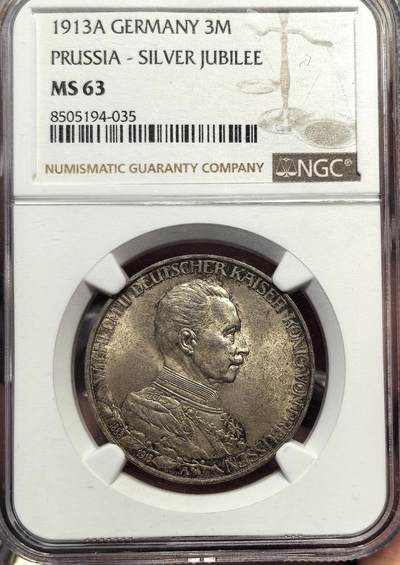南宋泉阁俄币 外币 国币 专场第十八期 【送拍无额外佣金】 - 德国 1913年 威廉二世戎装3马克银币 NGC评级ms63分 双面转光 老包浆原味 好品