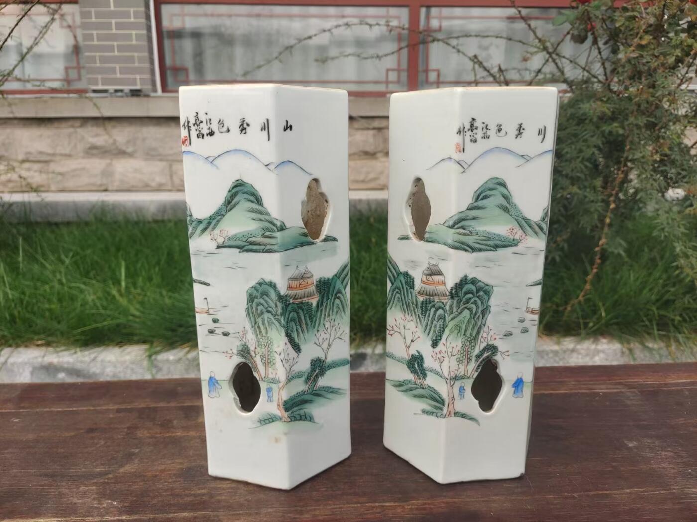 民国浅降彩山水六方帽筒一对 器型规整，画工精美，山水人物纹饰，带开窗设计