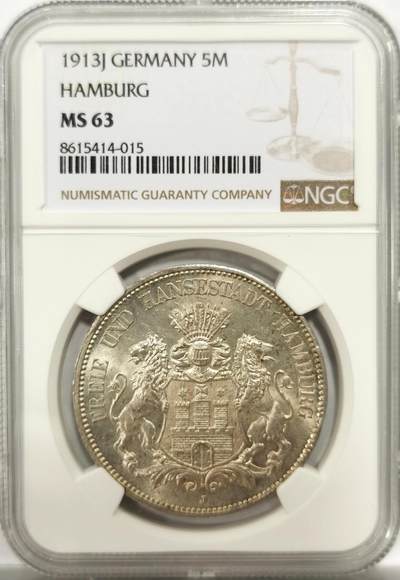 博洋堂世界钱币拍卖第144期（全场包邮） - NGC MS63 德国汉堡1913年J版5马克银币