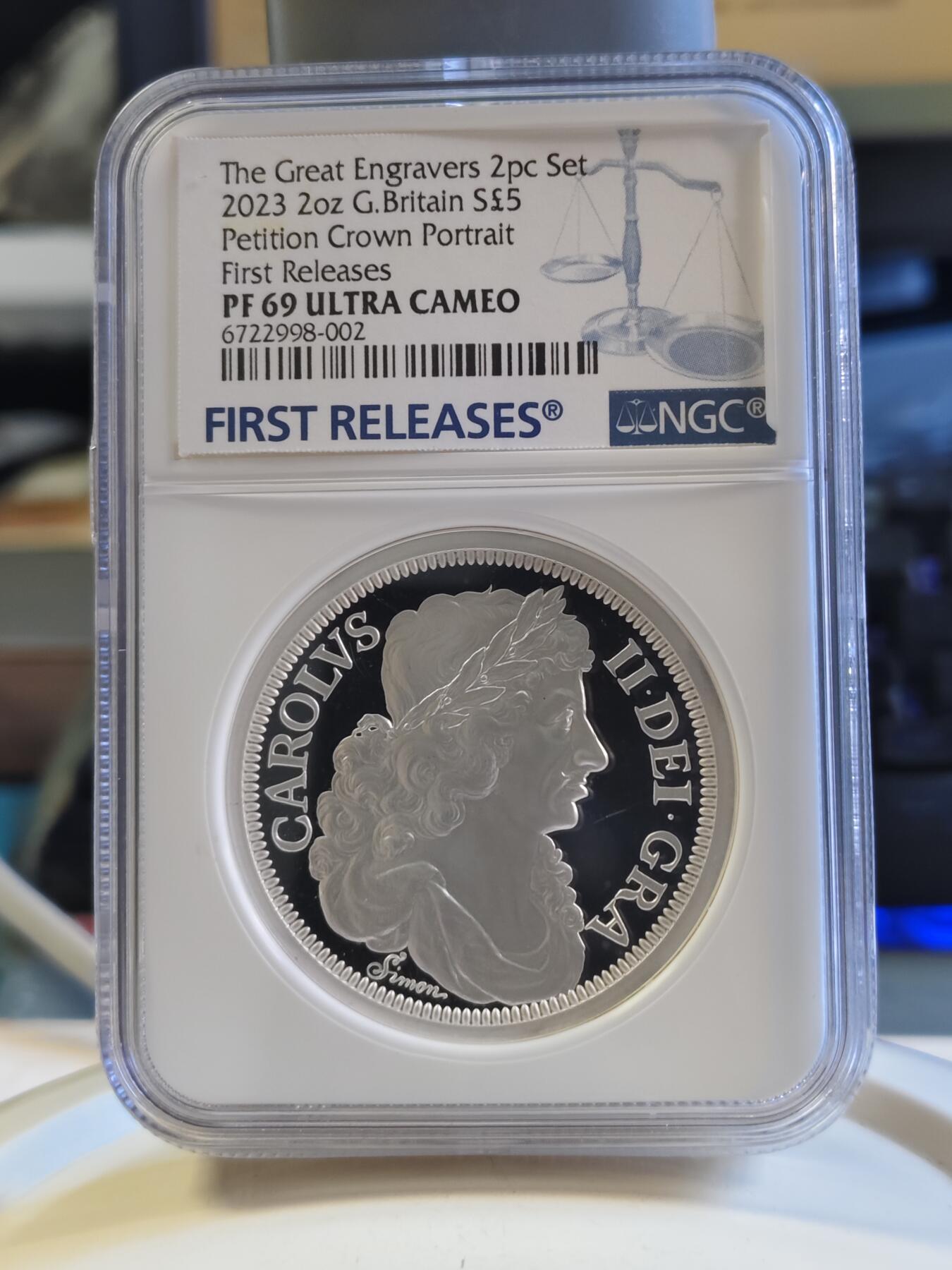 第179期拍卖【长期征集拍品】 2023年英国发行伟大的雕刻师西蒙请愿克朗5英镑精制纪念银币国王币NGC-PF69首，2盎司，999银