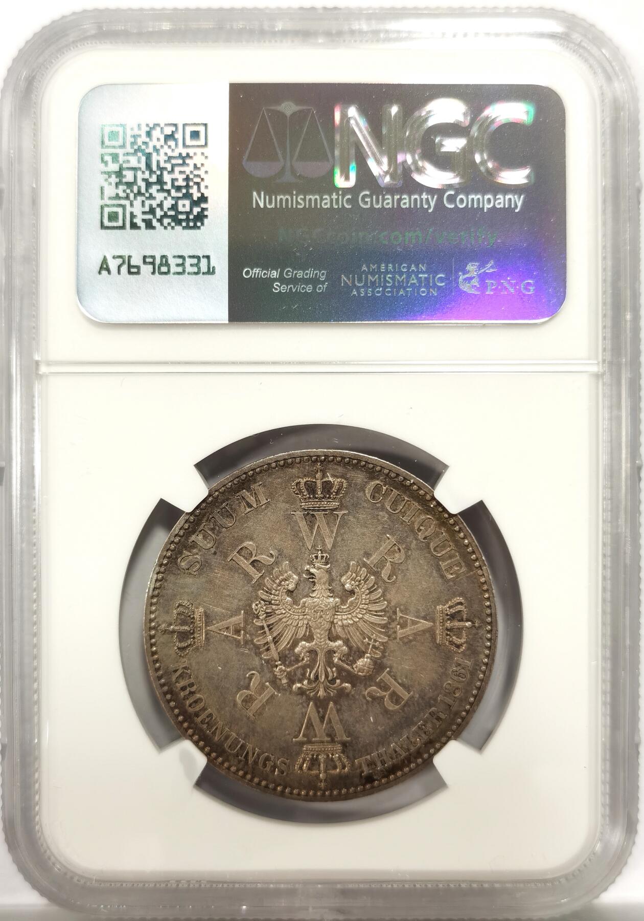 博洋堂世界钱币拍卖第144期（全场包邮） NGC MS61 德国普鲁士1861年威廉一世加冕1泰勒银币