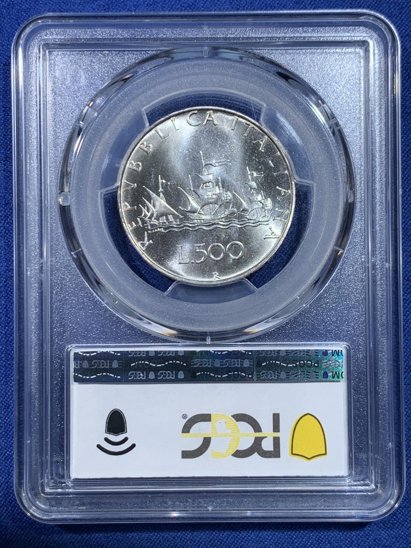 《竞宝斋》第432场 周日，周一 2场连拍 （全场包邮） PCGS MS67 亚军分 意大利1983年帆船少女500里拉银币，经典品种，特年，普制版中书价最高的年份之一，铸量不到77000枚，60分书价已高达105美元。淡彩包浆，银光不错，更高仅3枚68