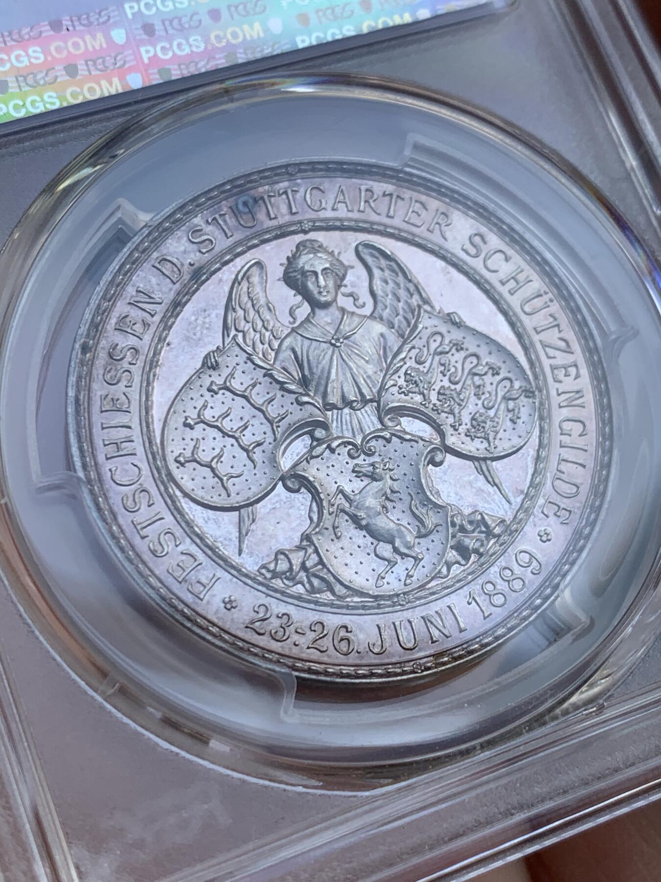 《竞宝斋》第432场 周日，周一 2场连拍 （全场包邮） PCGS SP63 德国 1889年 符腾堡 斯图加特保护协会政府成立25周年纪念银章 国王夫妇与天使细节相得益彰 非常少见的品种