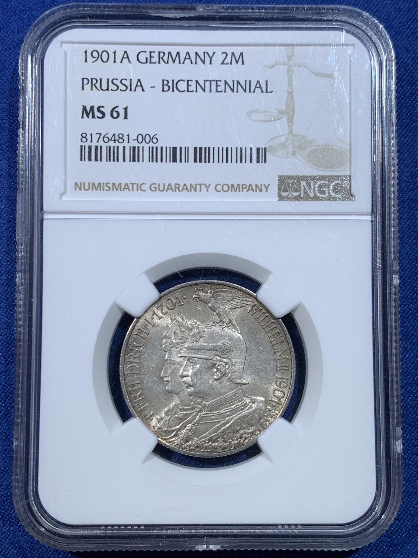 《竞宝斋》第432场 周日，周一 2场连拍 （全场包邮） NGC MS61 德国 1901年 普鲁士建国200周年2马克银币
