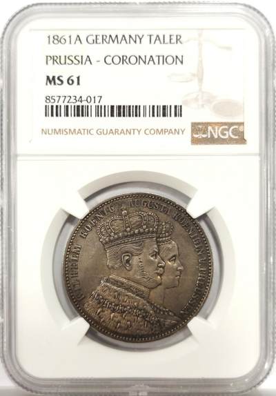 博洋堂世界钱币拍卖第144期（全场包邮） - NGC MS61 德国普鲁士1861年威廉一世加冕1泰勒银币