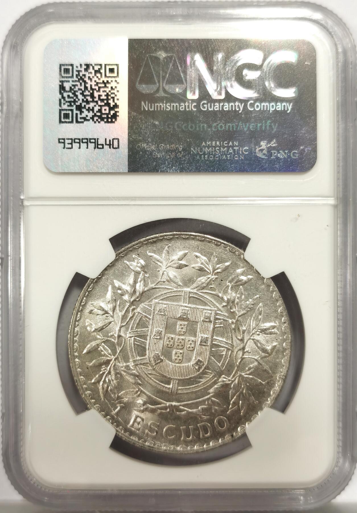 博洋堂世界钱币拍卖第144期（全场包邮） NGC MS61 葡萄牙1916年女神1埃斯库多银币，原汁原味老包浆，转光强烈细节优秀，币面清爽干净又漂亮，略为低评。