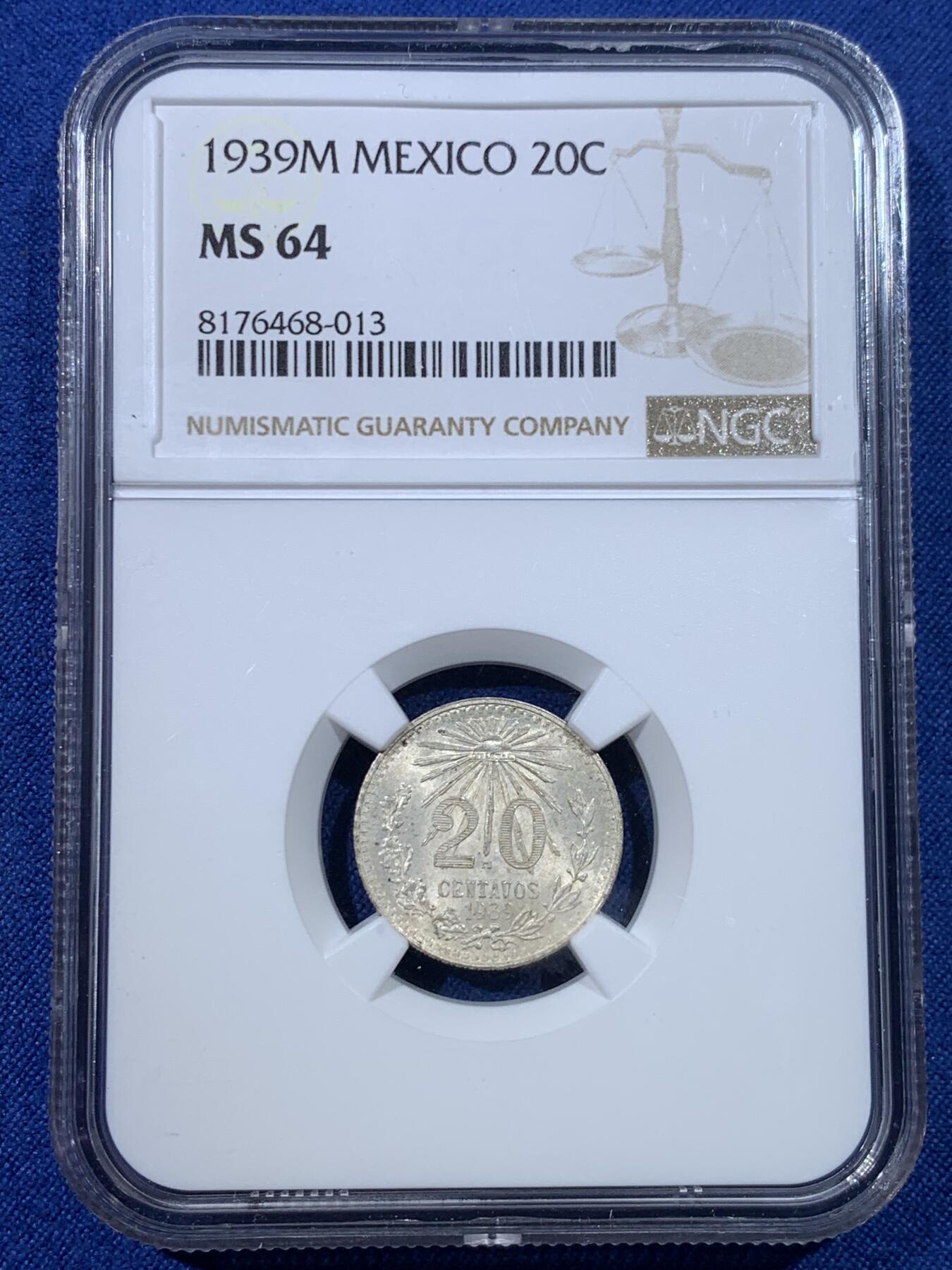 《竞宝斋》第432场 周日，周一 2场连拍 （全场包邮） NGC MS64 墨西哥 1939年鹰洋20分银币，经典鹰洋小辅币