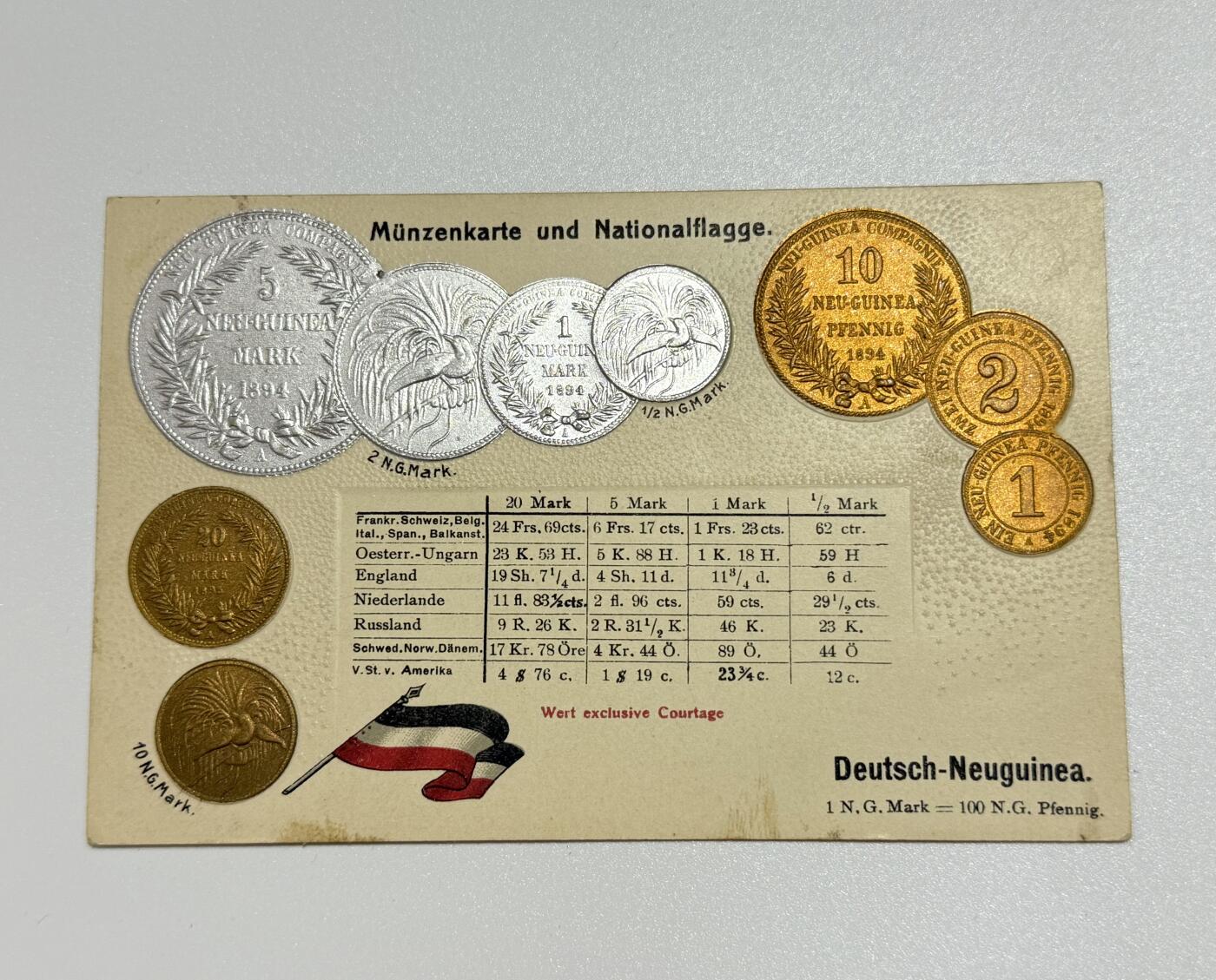 韵星假日精品2025秋季军品类拍卖会-- Rimey Holidays Boutique 2025 Autumn Militaria Sale 帝德高浮雕明信片—德属巴布亚新几内亚货币主题，带有帝国马克与当时主要国家的汇率对照表，设计精美，极为稀少的题材