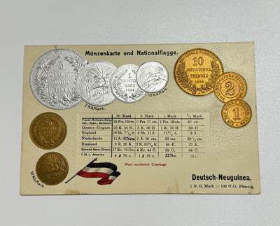 韵星假日精品2025秋季军品类拍卖会-- Rimey Holidays Boutique 2025 Autumn Militaria Sale - 帝德高浮雕明信片—德属巴布亚新几内亚货币主题，带有帝国马克与当时主要国家的汇率对照表，设计精美，极为稀少的题材