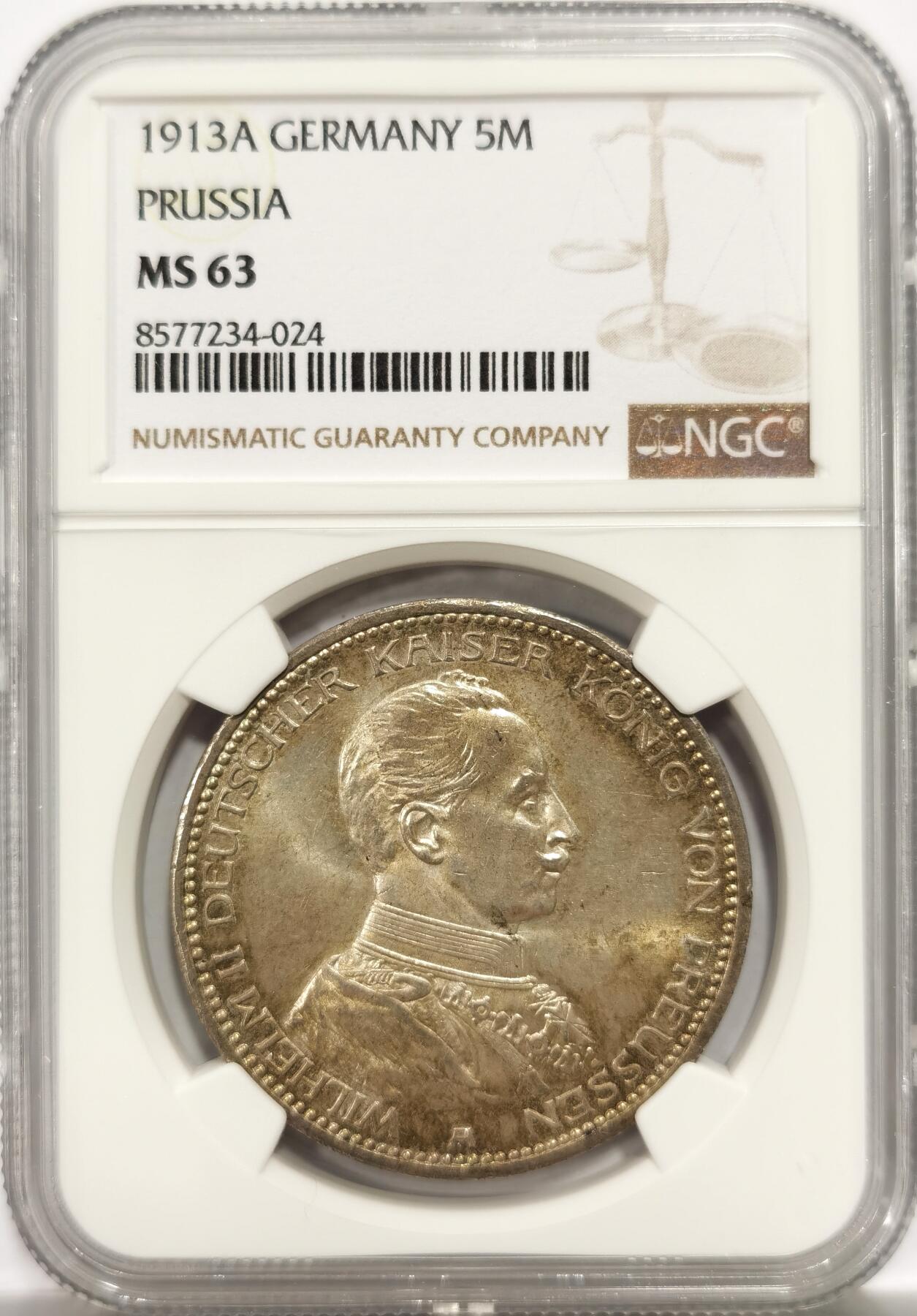 博洋堂世界钱币拍卖第144期（全场包邮） NGC MS63 德国普鲁士1913年A版威廉二世5马克军装5马克银币