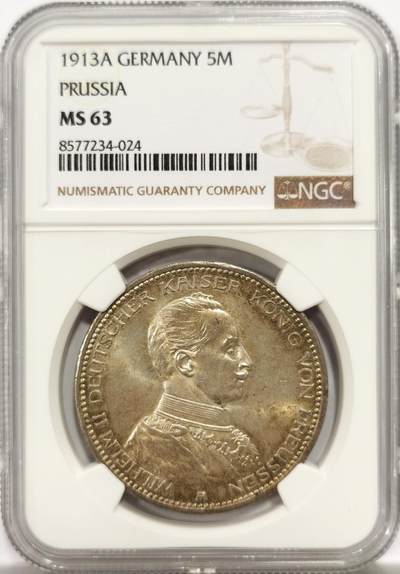博洋堂世界钱币拍卖第144期（全场包邮） - NGC MS63 德国普鲁士1913年A版威廉二世5马克军装5马克银币
