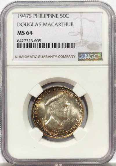博洋堂世界钱币拍卖第144期（全场包邮） - NGC MS64 菲律宾1947年麦克阿瑟50分银币，原汁原味淡彩老包浆，转光强烈细节优秀，状态极佳。