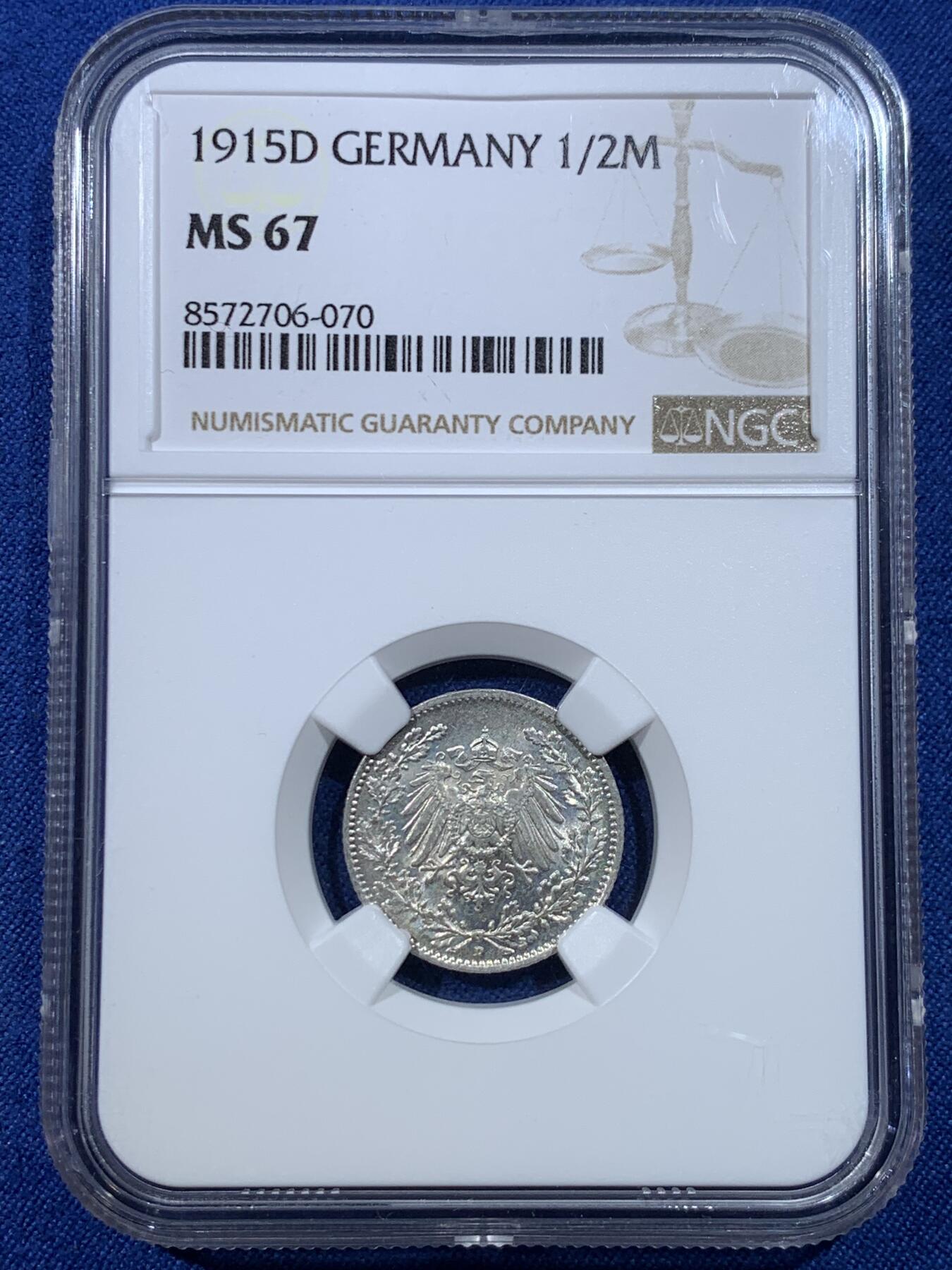 《竞宝斋》第432场 周日，周一 2场连拍 （全场包邮） NGC MS67 德国1915年1/2马克银币 D厂铭 品相极佳