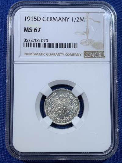 《竞宝斋》第432场 周日，周一 2场连拍 （全场包邮） - NGC MS67 德国1915年1/2马克银币 D厂铭 品相极佳