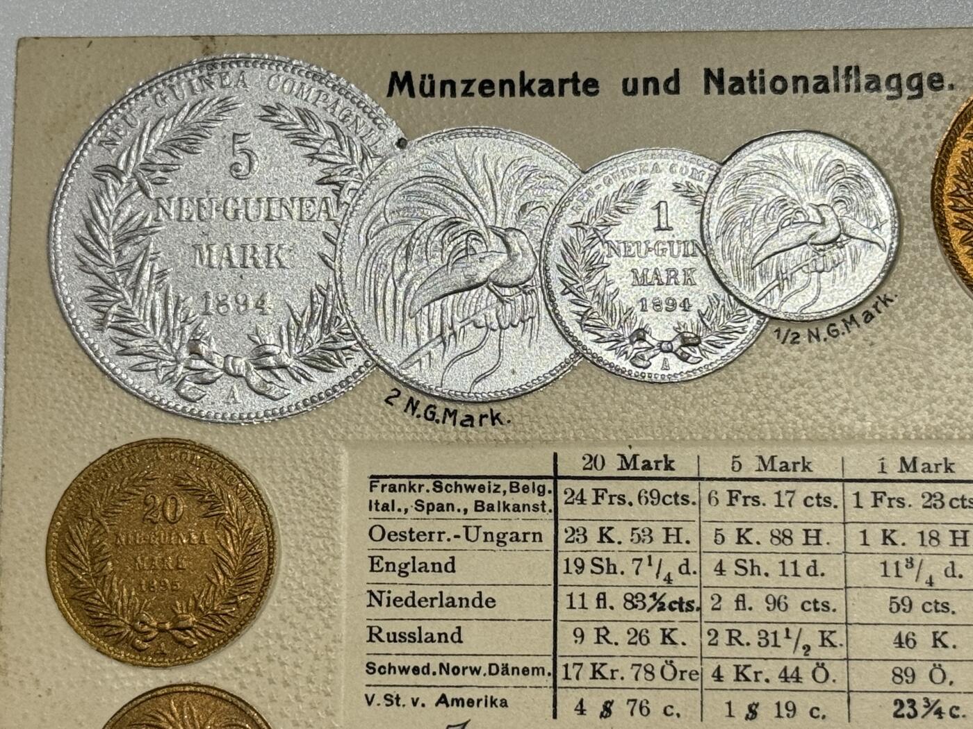 韵星假日精品2025秋季军品类拍卖会-- Rimey Holidays Boutique 2025 Autumn Militaria Sale 帝德高浮雕明信片—德属巴布亚新几内亚货币主题，带有帝国马克与当时主要国家的汇率对照表，设计精美，极为稀少的题材