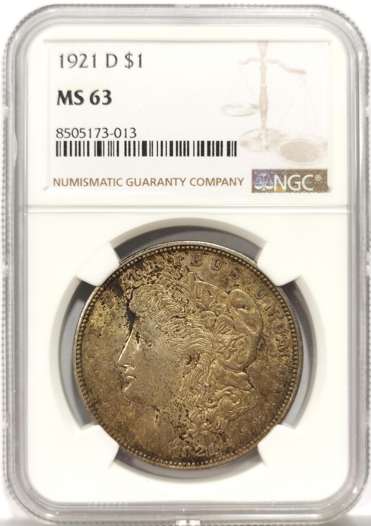 博洋堂世界钱币拍卖第144期（全场包邮） NGC MS63 美国1921年D版摩根银币，少见版别，双面酱彩，好状态。