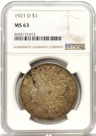 博洋堂世界钱币拍卖第144期（全场包邮） - NGC MS63 美国1921年D版摩根银币，少见版别，双面酱彩，好状态。