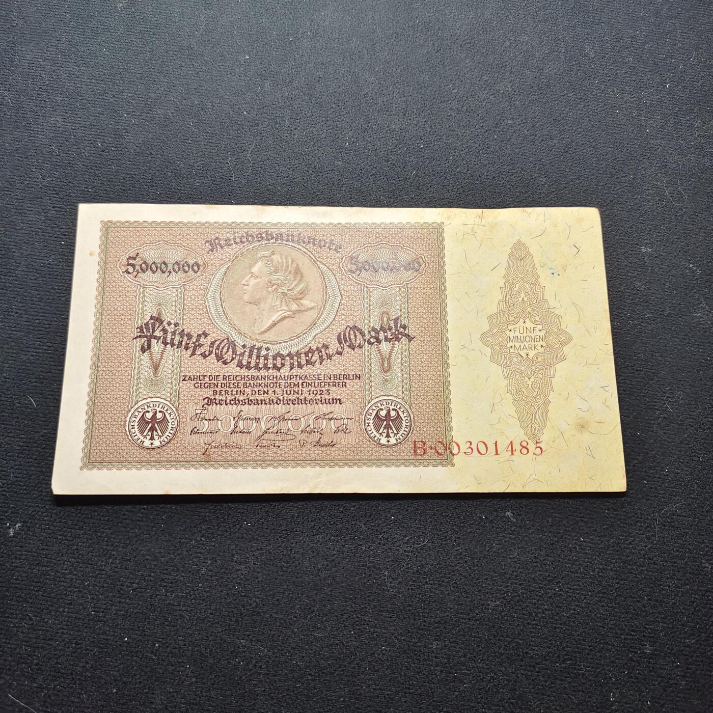 【全场包邮】纯粹捡漏拍472场（免费代拍第9场） 【纸钞】德国魏玛共和国1920-1924年期间发行5000000马克非全新纸钞