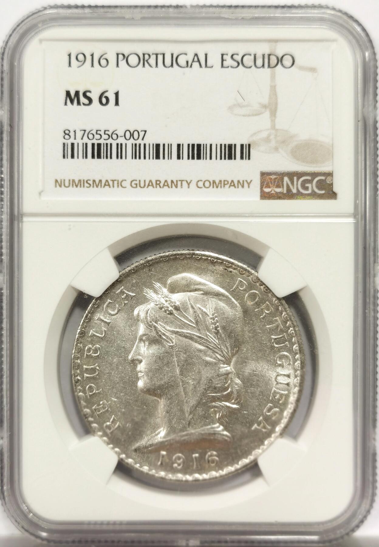 博洋堂世界钱币拍卖第144期（全场包邮） NGC MS61 葡萄牙1916年女神1埃斯库多银币，原汁原味老包浆，转光强烈细节优秀，币面清爽干净又漂亮，略为低评。