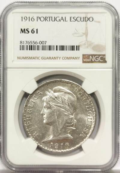博洋堂世界钱币拍卖第144期（全场包邮） - NGC MS61 葡萄牙1916年女神1埃斯库多银币，原汁原味老包浆，转光强烈细节优秀，币面清爽干净又漂亮，略为低评。