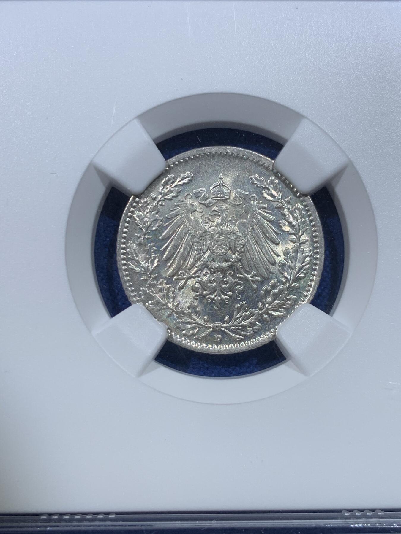 《竞宝斋》第432场 周日，周一 2场连拍 （全场包邮） NGC MS67 德国1915年1/2马克银币 D厂铭 品相极佳
