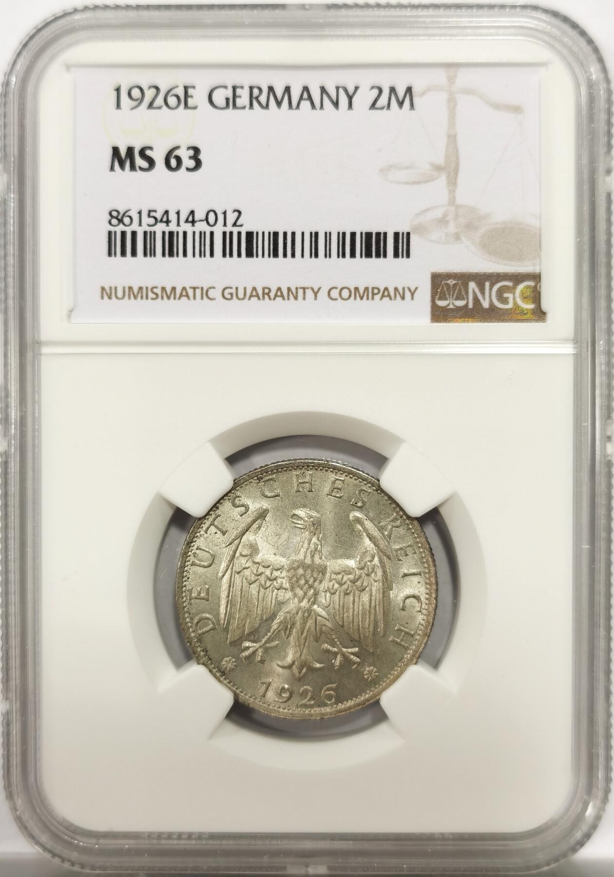 博洋堂世界钱币拍卖第144期（全场包邮） NGC MS63 德国魏玛共和国1926年E版2马克银币