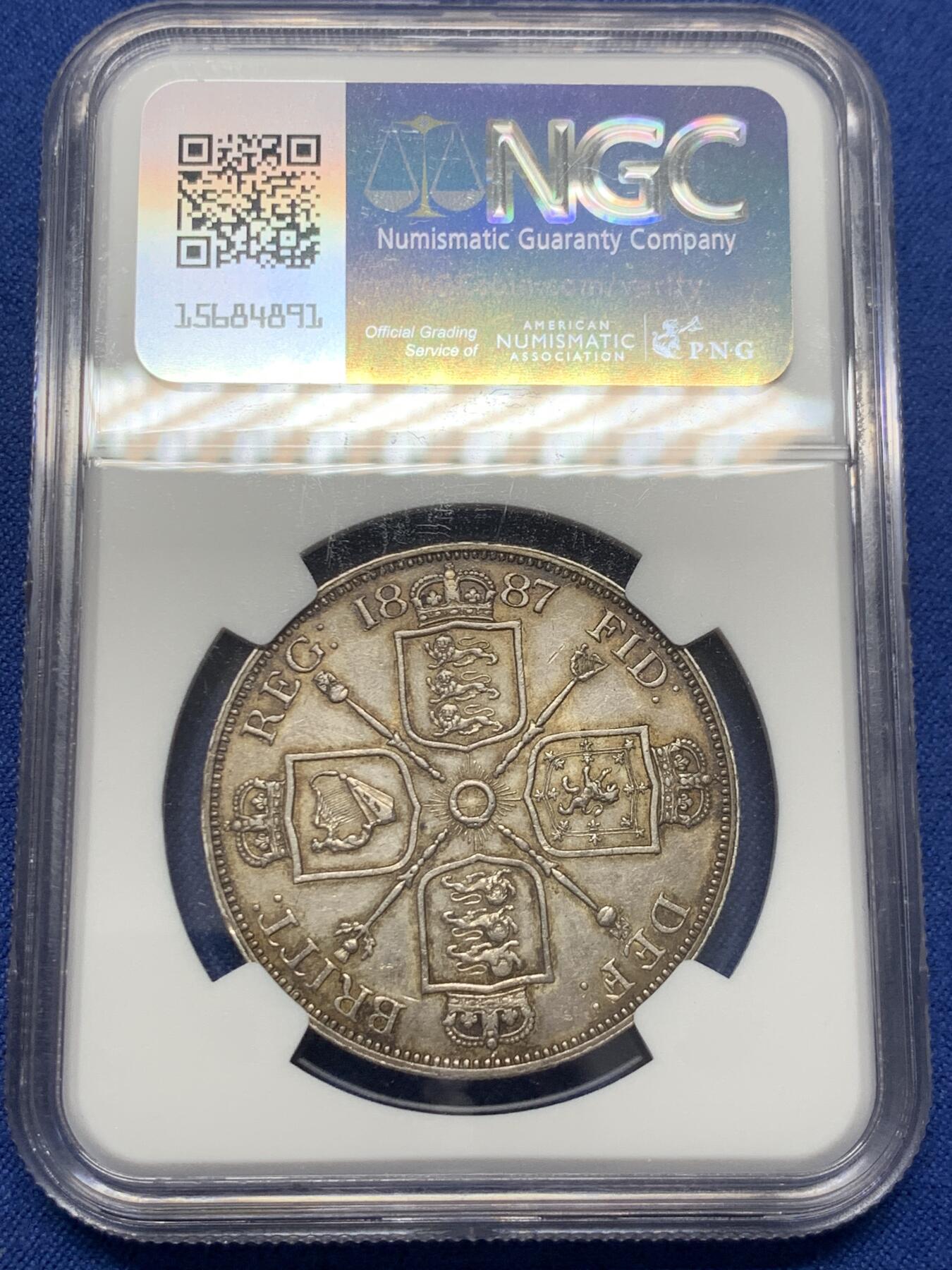 《竞宝斋》第432场 周日，周一 2场连拍 （全场包邮） NGC AU53 英国 1887年 维多利亚二世 双弗洛林银币，罗马1版本，好包浆