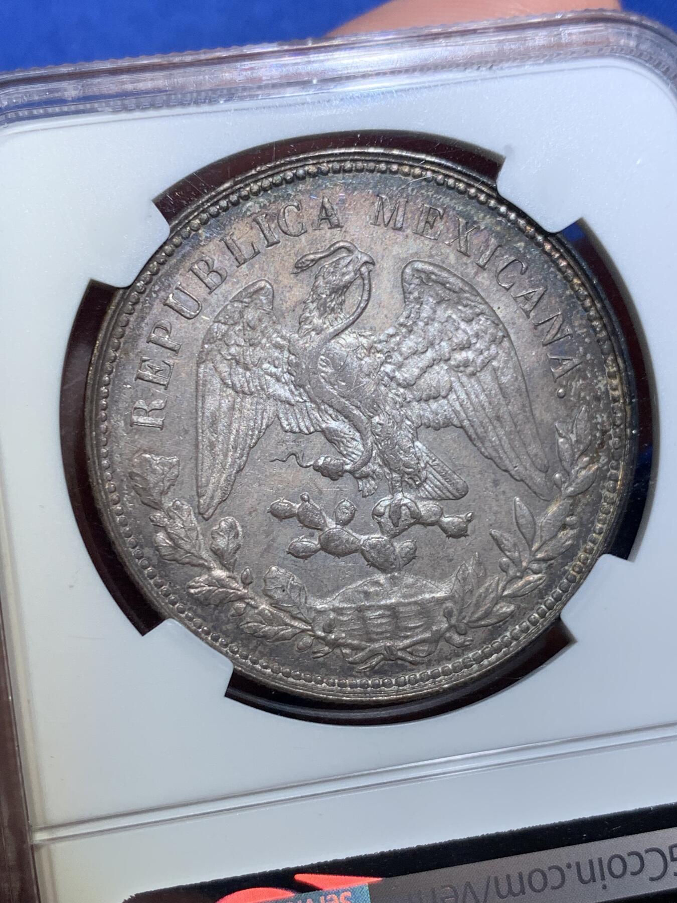 《竞宝斋》第432场 周日，周一 2场连拍 （全场包邮） NGC MS63 墨西哥1904年MO AM版直边鹰洋，原味老黑彩，羽毛保存不错