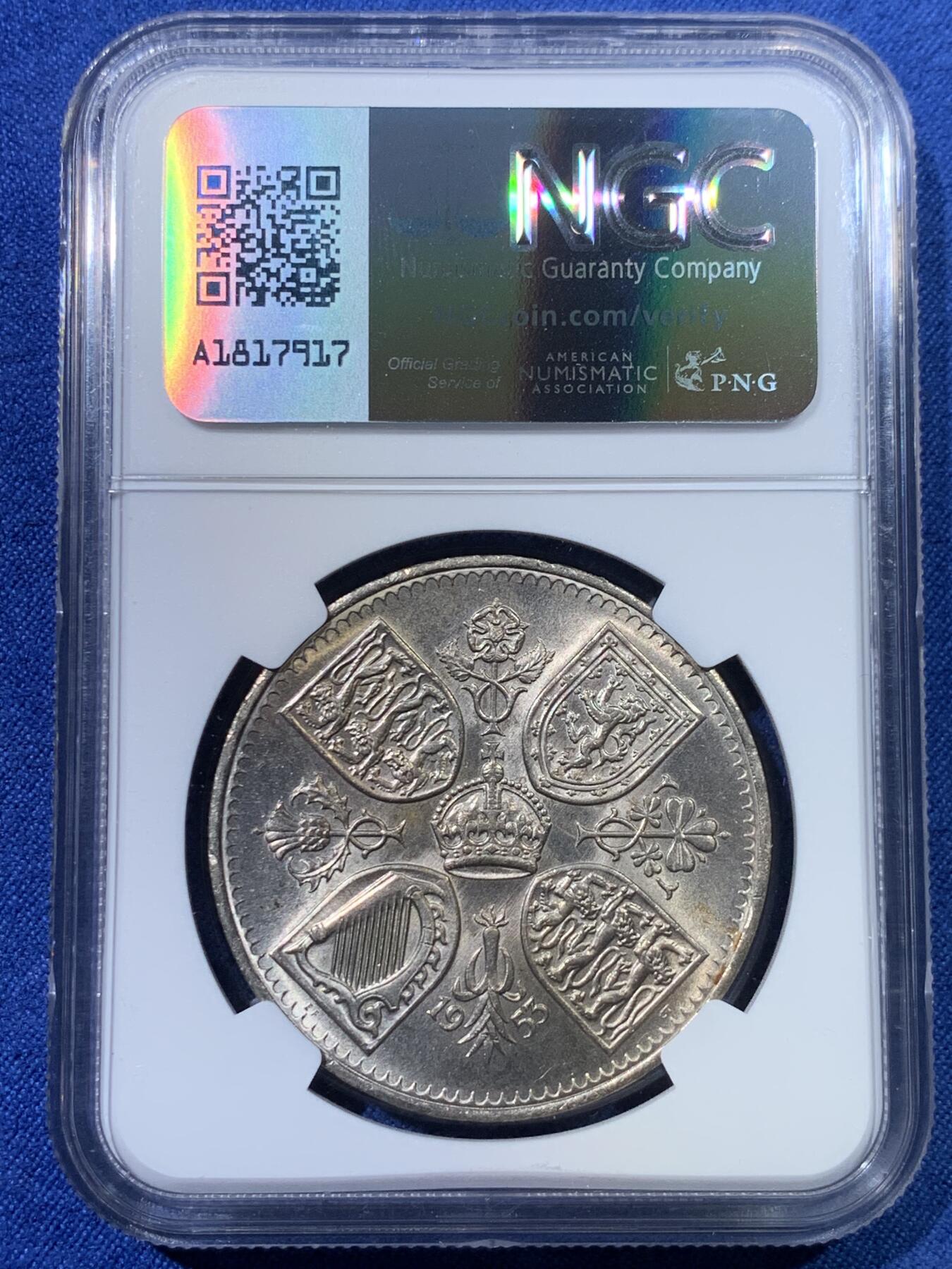 《竞宝斋》第432场 周日，周一 2场连拍 （全场包邮） NGC MS64 英国1953年伊丽莎白二世登基克朗型纪念币