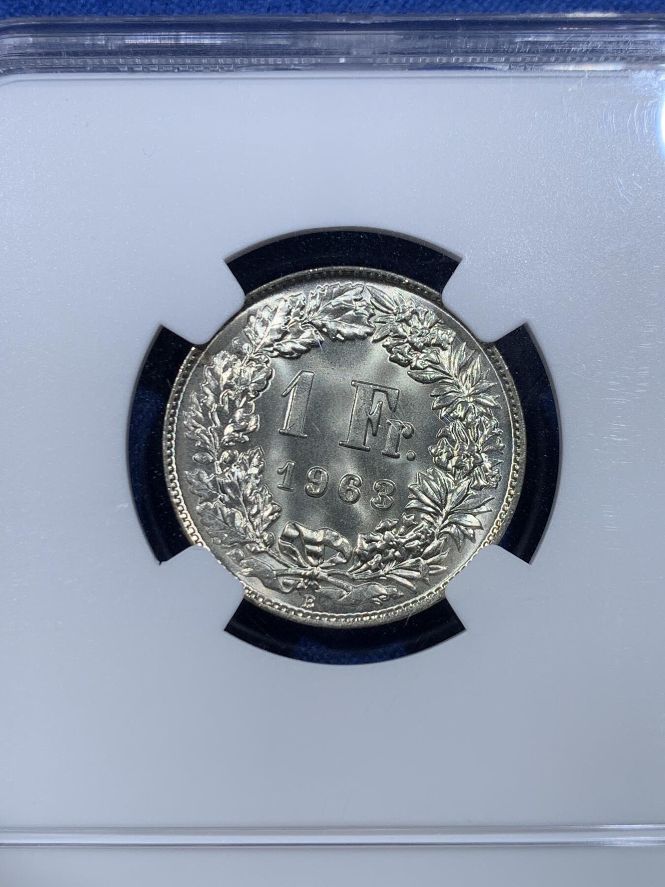 《竞宝斋》第432场 周日，周一 2场连拍 （全场包邮） NGC MS67 瑞士1963年1法郎银币 B厂铭 转光强 顶级品相
