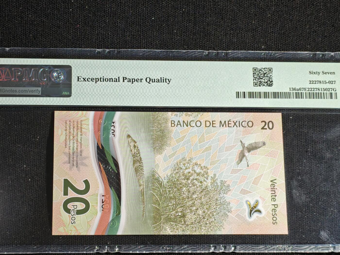 刘世昌艺术品销售中心～虎踞龙蟠*金杨在线联拍群第508期 墨西哥2021年“独立200周年”20比索纪念钞（PMG 67E 号码：AA7336713）1枚。