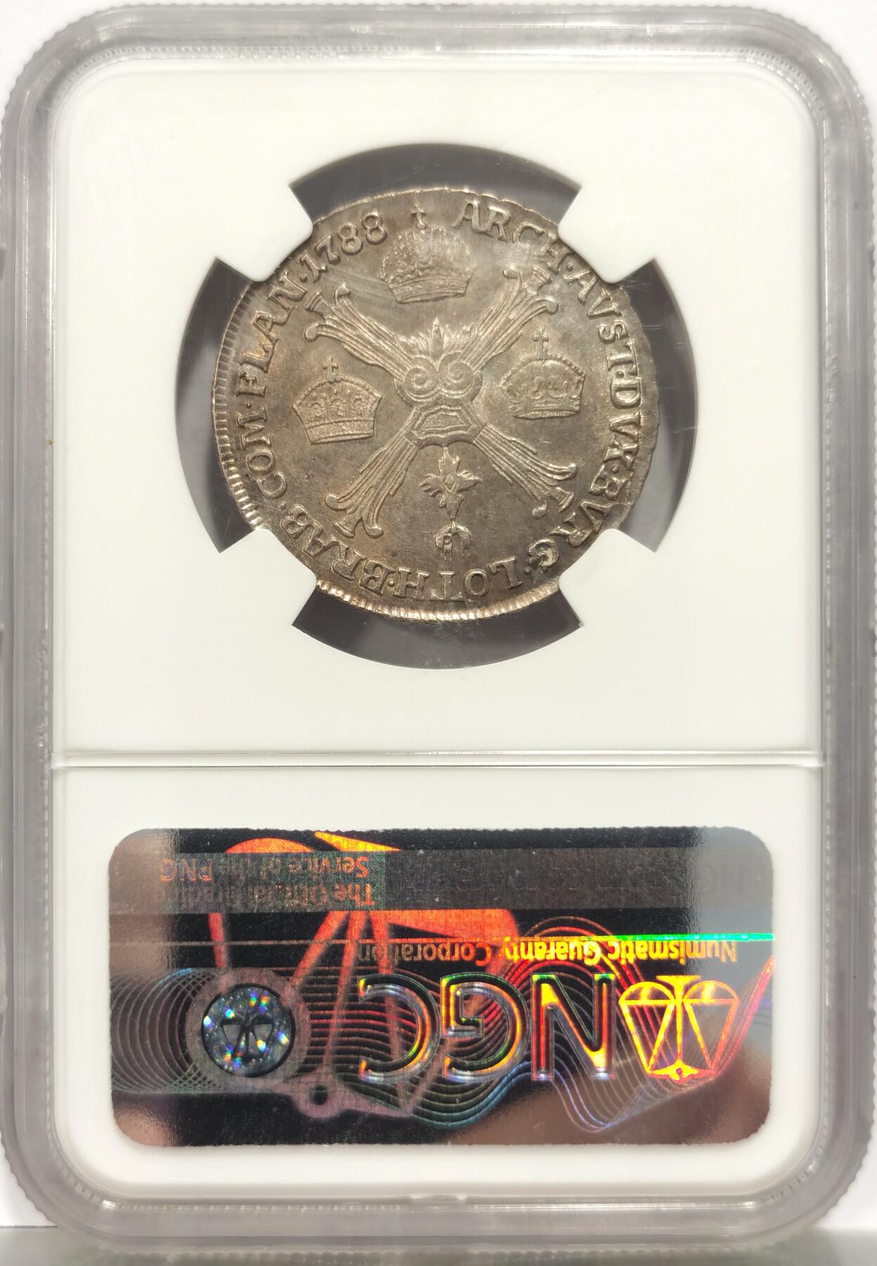 博洋堂世界钱币拍卖第144期（全场包邮） NGC AU 奥属荷兰1788年1/4KT H版 少见品种，克劳斯无指导价，只给了rare。币有老洗，品相状态都不错，两面均养出了淡彩