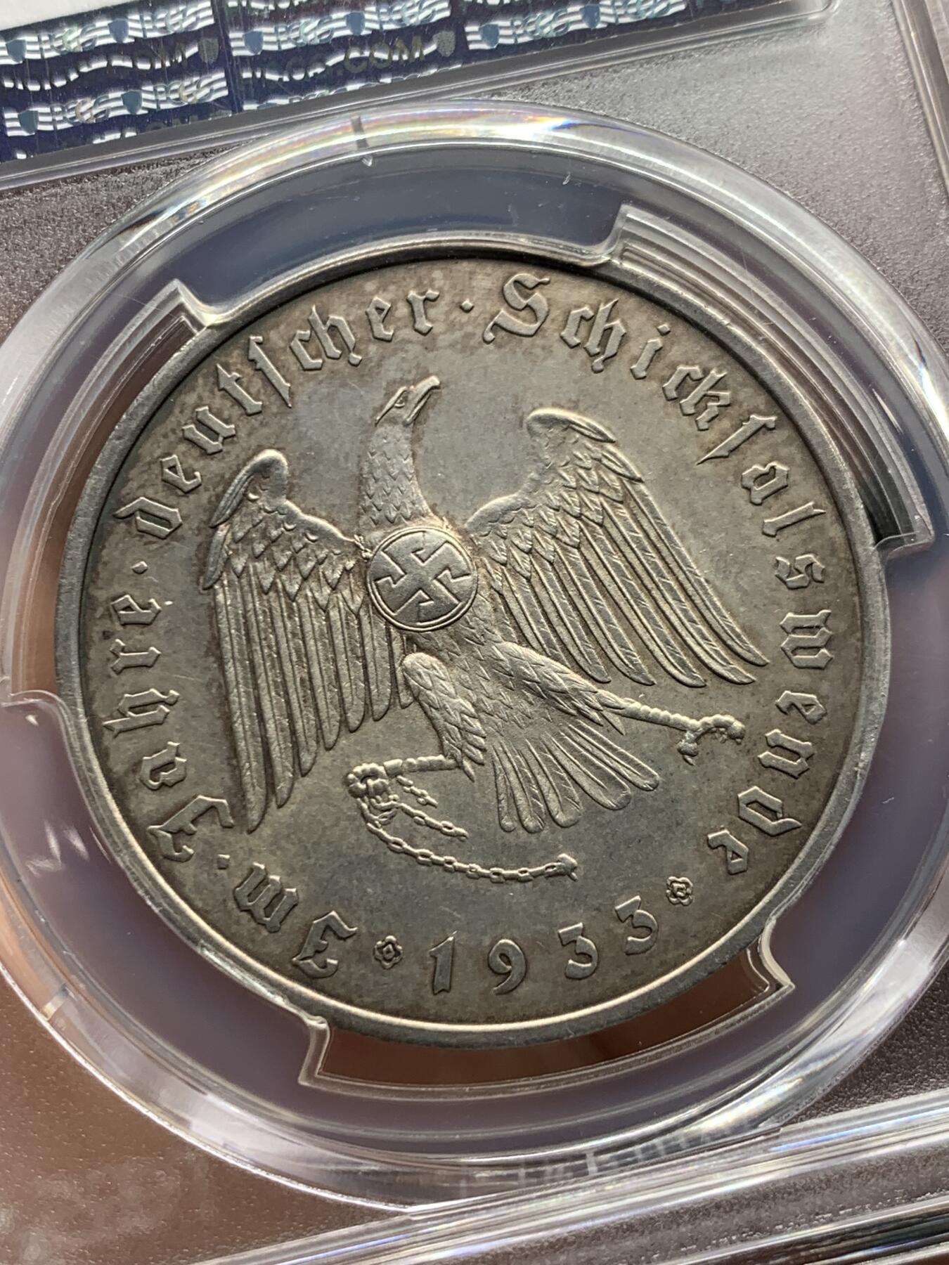 《竞宝斋》第433场 周日，周一 2场连拍 （全场包邮） PCGS SP62 1933年德国民族社会主义工人党党魁当选帝国总理纪念银章 帝国锁链鹰名誉品种