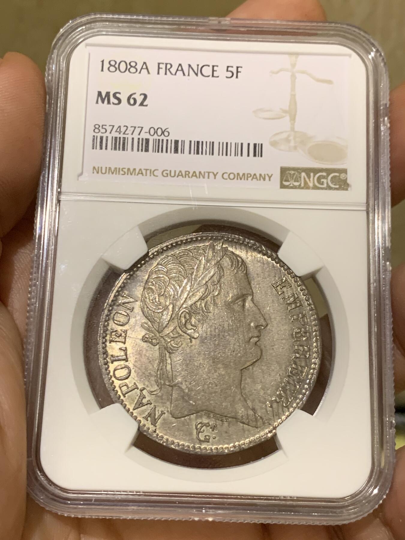 《竞宝斋》第433场 周日，周一 2场连拍 （全场包邮） NGC MS62 法国1808年拿破仑5法郎银币