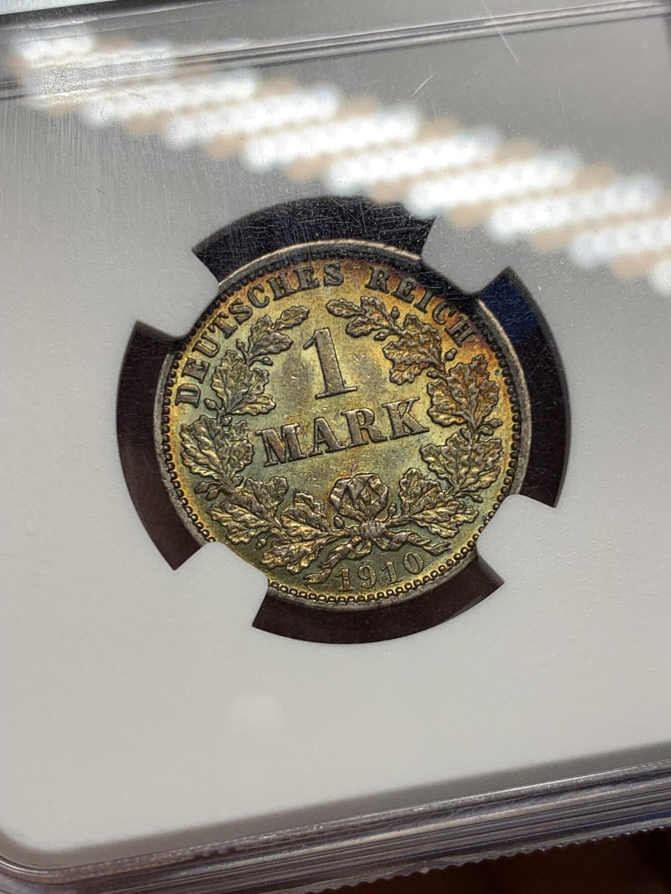 《竞宝斋》第433场 周日，周一 2场连拍 （全场包邮） NGC AU55 德国 1910年J厂 1马克银币 深彩包浆