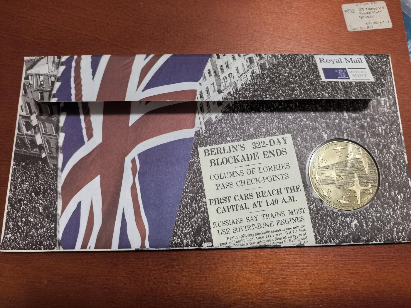 长老汇蛇年精选第六十八场拍卖 1999英国皇家邮政纪念柏林空中救援50周年邮币封首日封，含1枚铜镍章，限量发行