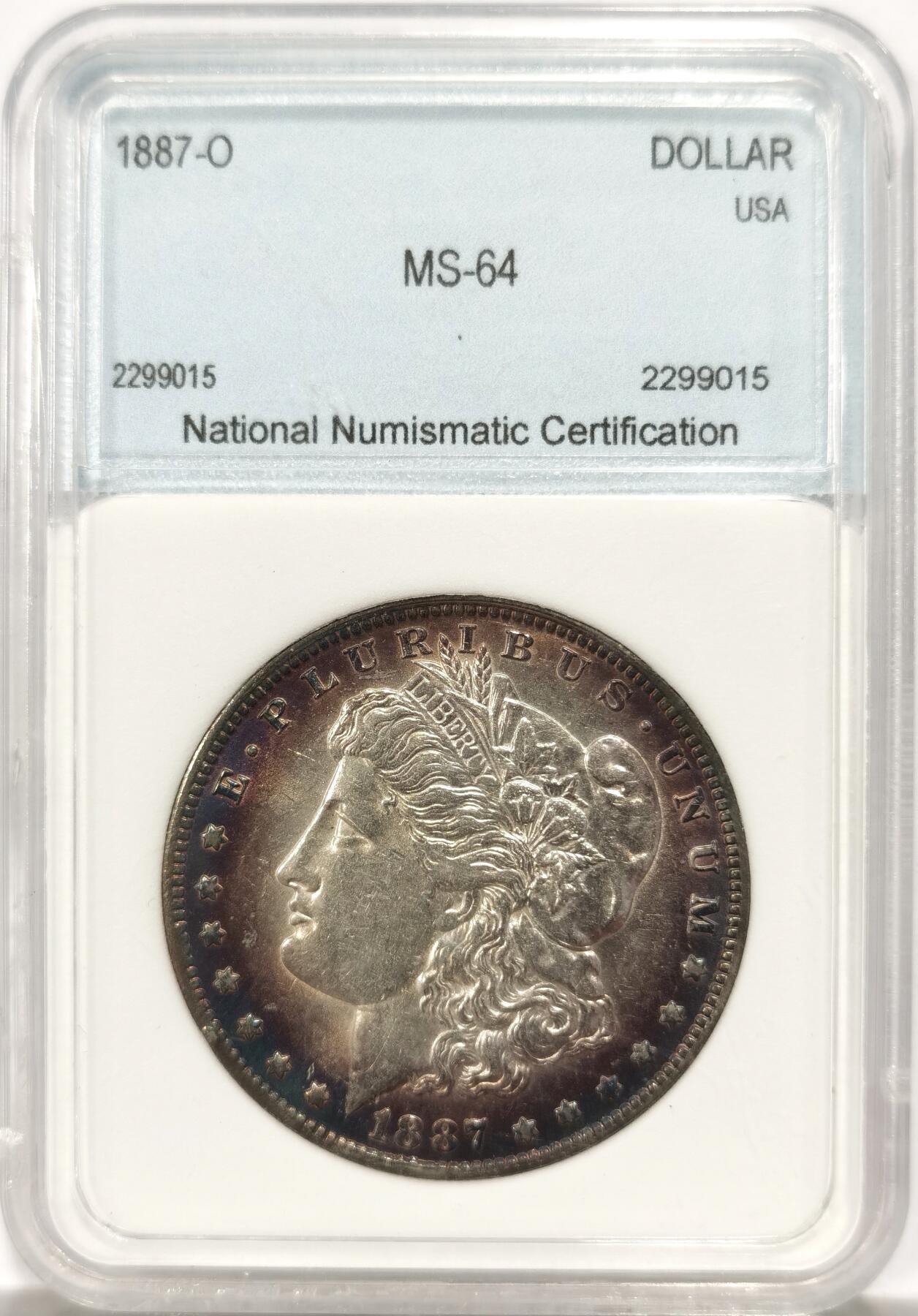 博洋堂世界钱币拍卖第144期（全场包邮） NNC MS64 美国1887年摩根银币O厂 女神面蓝褐环彩，女神脸部干净，光度不错