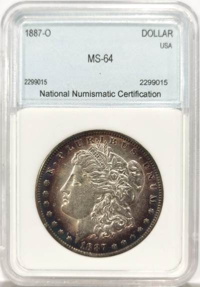 博洋堂世界钱币拍卖第144期（全场包邮） - NNC MS64 美国1887年摩根银币O厂 女神面蓝褐环彩，女神脸部干净，光度不错