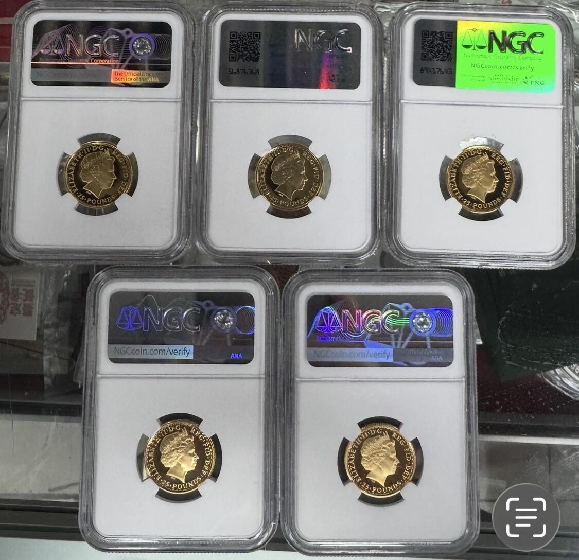 第180期拍卖【长期征集拍品】【北京币展专场】 英国纪念女神系列金币发行20周年，五种不同图案一套。发行量250套。1/4盎司*5枚，含金量91.7%