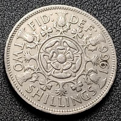 泉币菌-第118场-精品福利场 -  英国早期1966年2先令老镍币 伊丽莎白二世青年女王头像 28.3MM